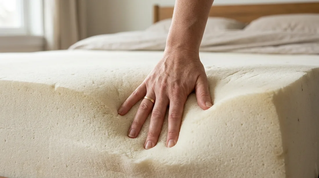 Hand drückt in eine Matratze, die Einsinktiefe wird sichtbar