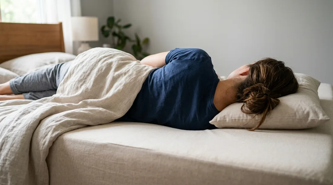 Person in Seitenlage auf einem Bett, in eine Decke gehüllt